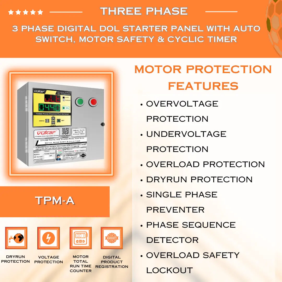3 Phase Digital DOL Starter Panel with Auto Switch, Motor Safety & Cyclic Timer (TPM-A) VUKAR