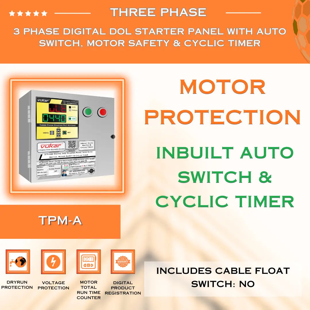 3 Phase Digital DOL Starter Panel with Auto Switch, Motor Safety & Cyclic Timer (TPM-A) VUKAR