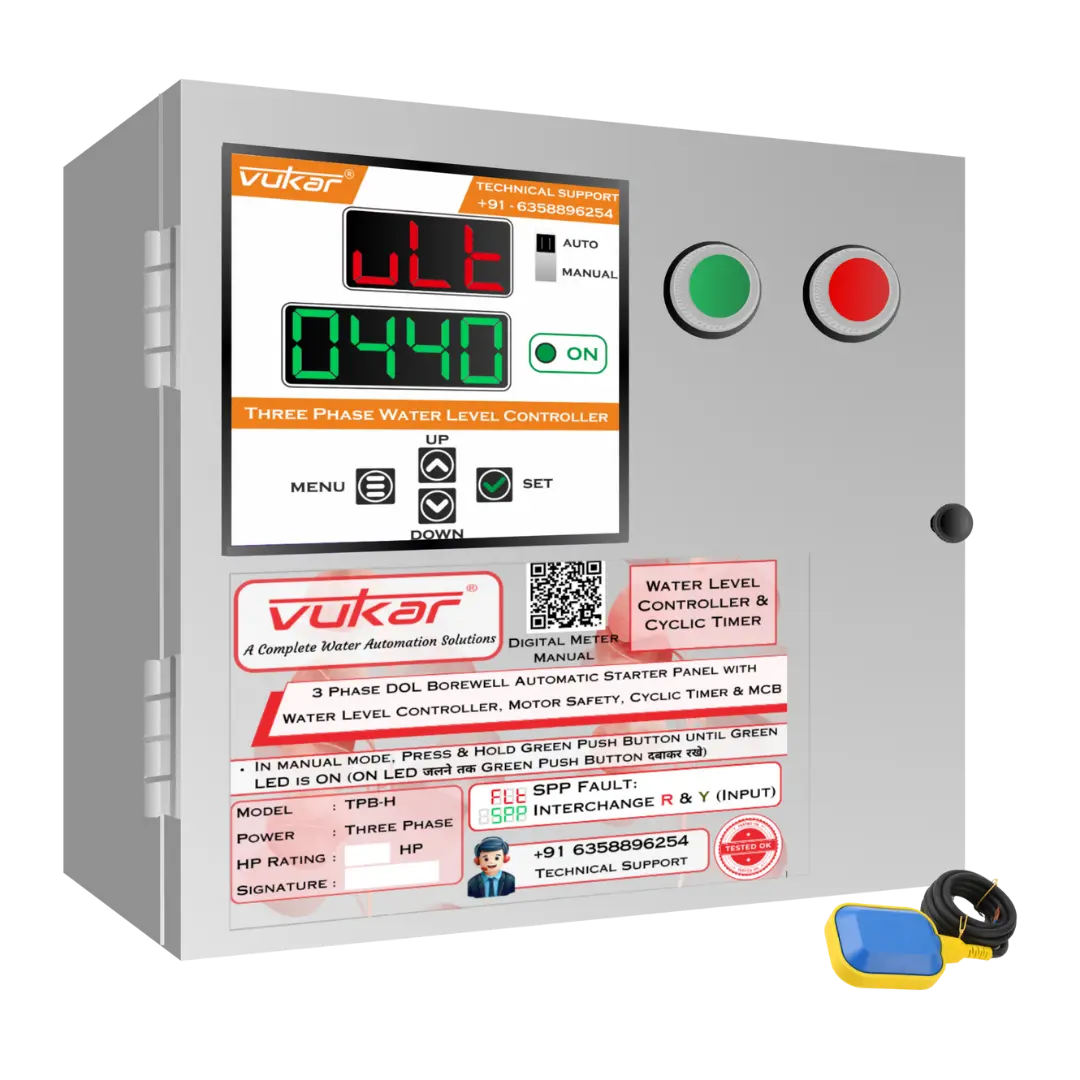 3 Phase DOL Borewell Automatic Starter Panel with Water Level Controller,  Motor Safety, Cyclic Timer & MCB (TPB-H) VUKAR