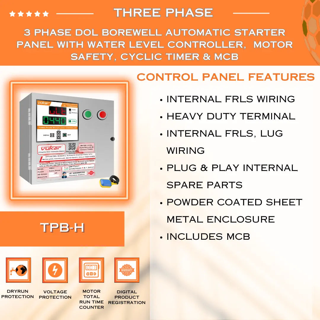 3 Phase DOL Borewell Automatic Starter Panel with Water Level Controller,  Motor Safety, Cyclic Timer & MCB (TPB-H) VUKAR