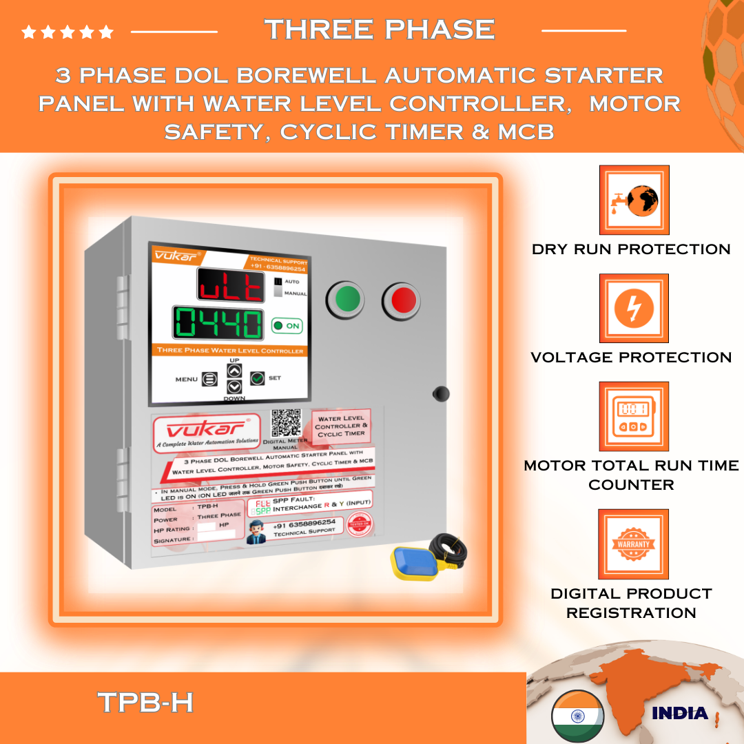 3 Phase DOL Borewell Automatic Starter Panel with Water Level Controller, Motor Safety, Cyclic Timer & MCB (TPB-H)