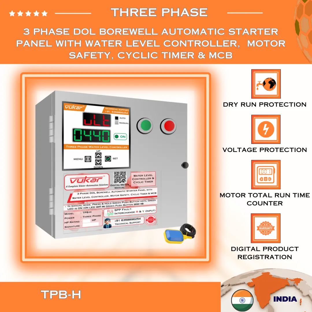 3 Phase DOL Borewell Automatic Starter Panel with Water Level Controller,  Motor Safety, Cyclic Timer & MCB (TPB-H) VUKAR