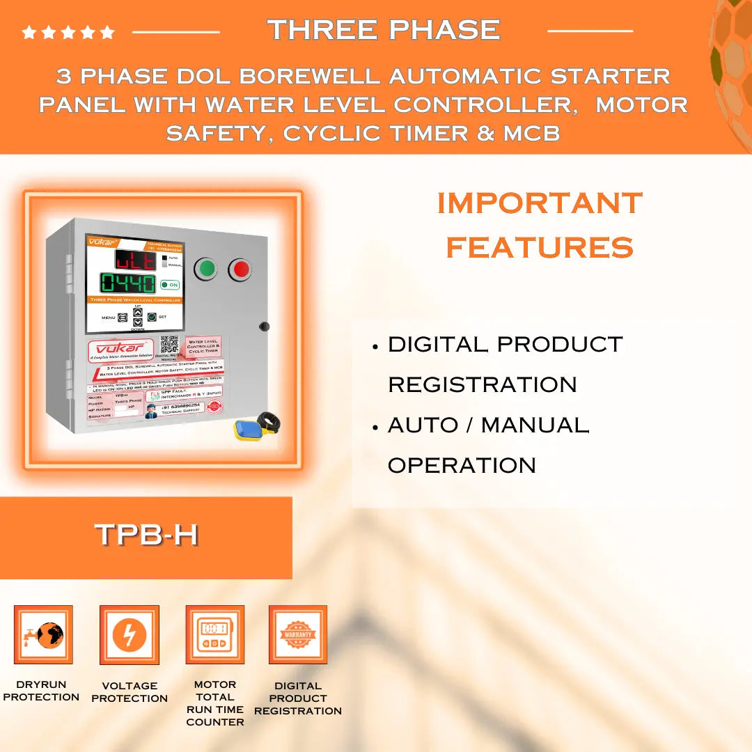 3 Phase DOL Borewell Automatic Starter Panel with Water Level Controller,  Motor Safety, Cyclic Timer & MCB (TPB-H) VUKAR