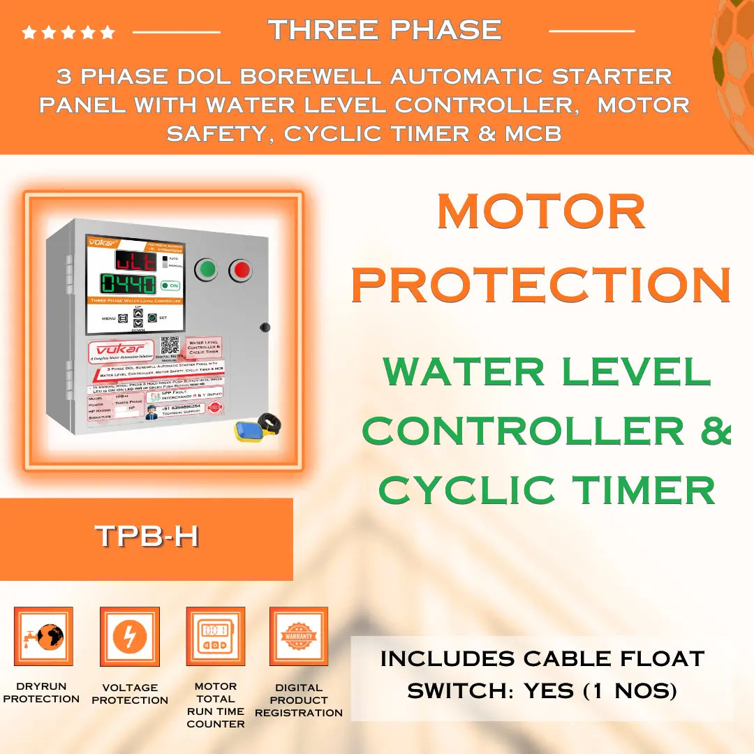 3 Phase DOL Borewell Automatic Starter Panel with Water Level Controller,  Motor Safety, Cyclic Timer & MCB (TPB-H) VUKAR