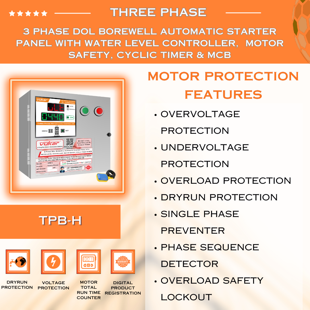 3 Phase DOL Borewell Automatic Starter Panel with Water Level Controller, Motor Safety, Cyclic Timer & MCB (TPB-H)