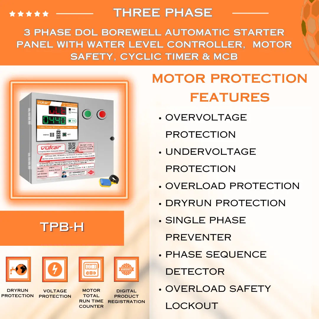 3 Phase DOL Borewell Automatic Starter Panel with Water Level Controller,  Motor Safety, Cyclic Timer & MCB (TPB-H) VUKAR