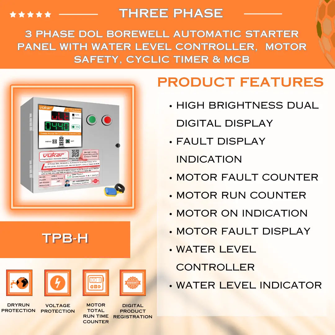 3 Phase DOL Borewell Automatic Starter Panel with Water Level Controller,  Motor Safety, Cyclic Timer & MCB (TPB-H) VUKAR