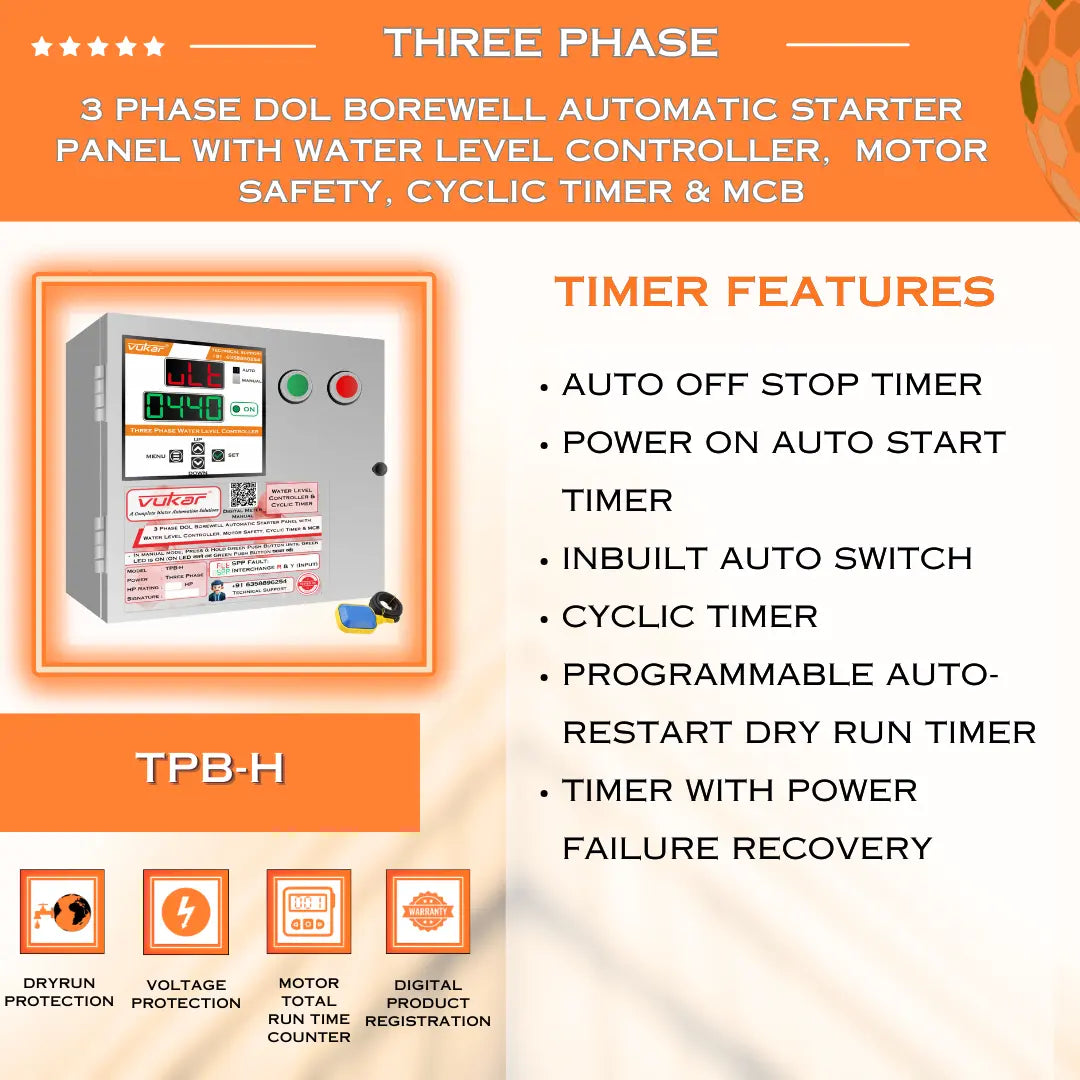 3 Phase DOL Borewell Automatic Starter Panel with Water Level Controller,  Motor Safety, Cyclic Timer & MCB (TPB-H) VUKAR