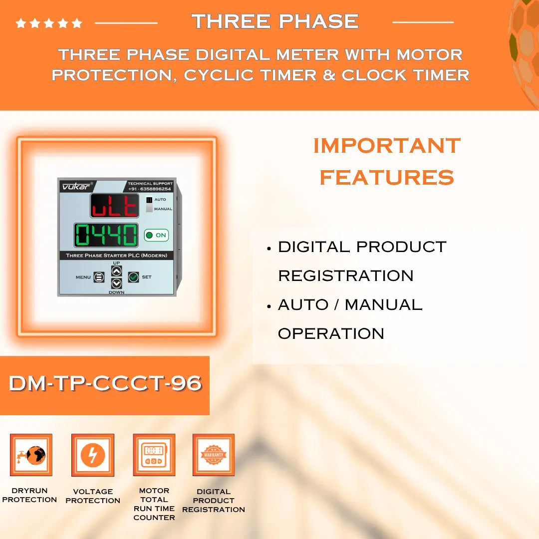 Three Phase Digital Meter with Motor Protection, Cyclic Timer & Clock Timer (DM-TP-CCCT-96) VUKAR