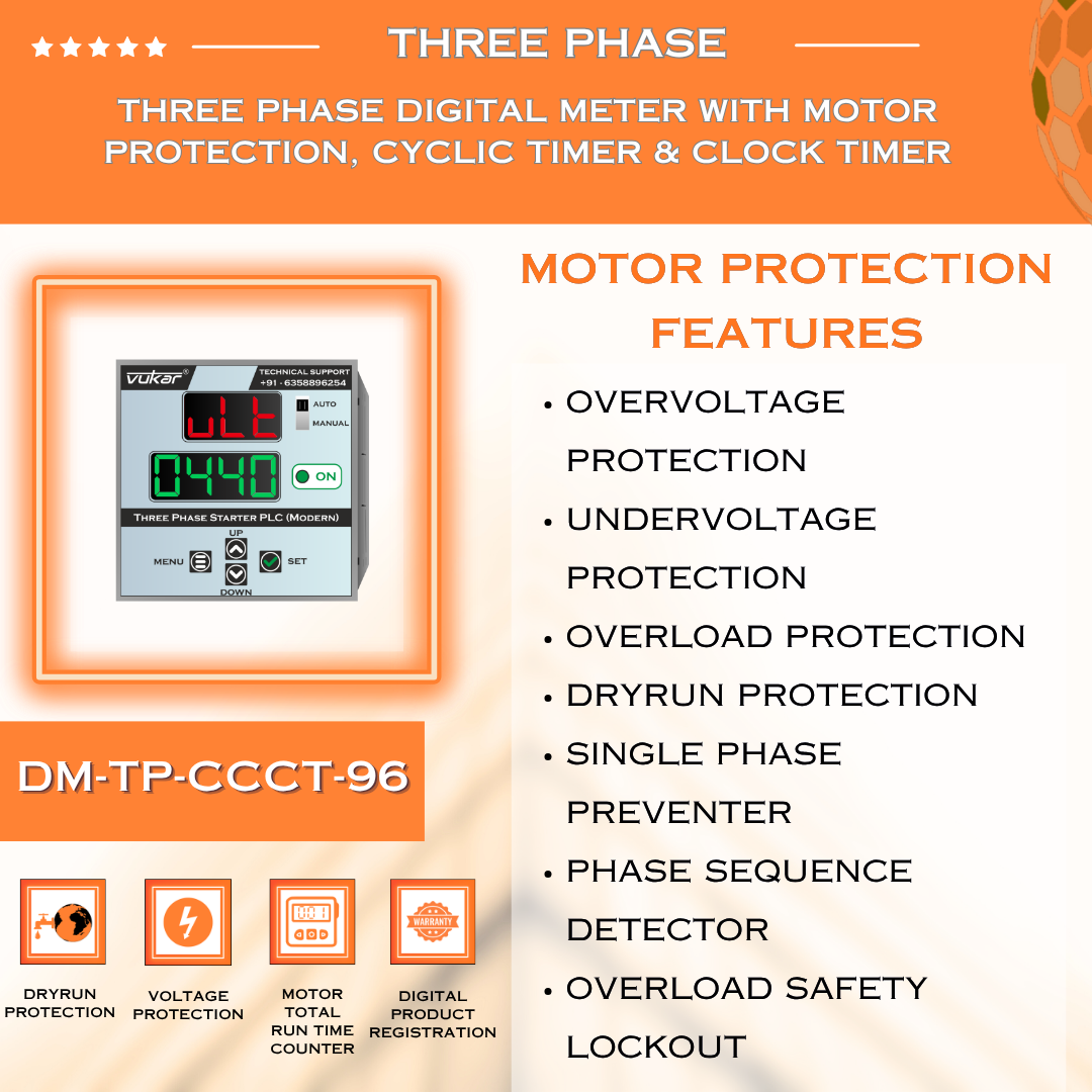 Three Phase Digital Meter with Motor Protection, Cyclic Timer & Clock Timer (DM-TP-CCCT-96)