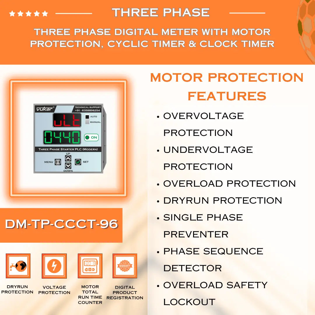 Three Phase Digital Meter with Motor Protection, Cyclic Timer & Clock Timer (DM-TP-CCCT-96) VUKAR