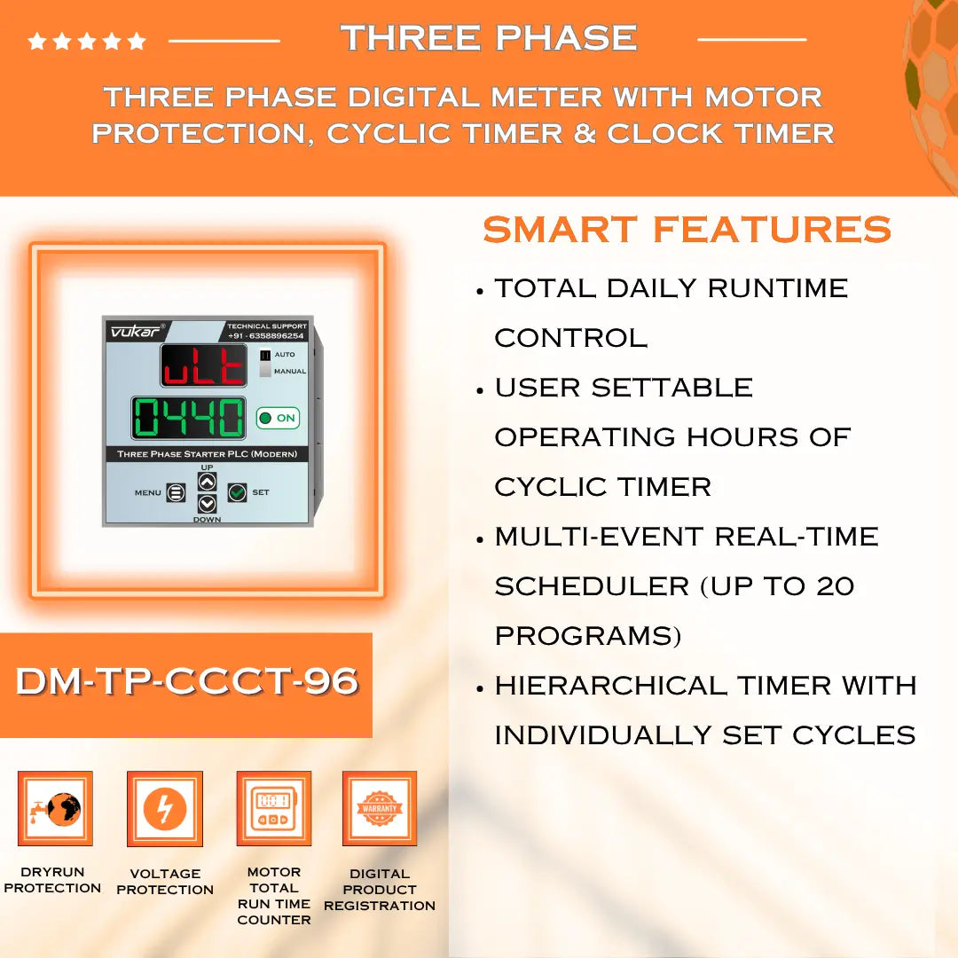 Three Phase Digital Meter with Motor Protection, Cyclic Timer & Clock Timer (DM-TP-CCCT-96) VUKAR