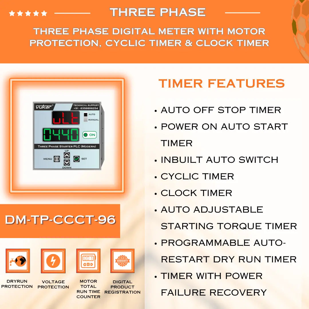 Three Phase Digital Meter with Motor Protection, Cyclic Timer & Clock Timer (DM-TP-CCCT-96) VUKAR