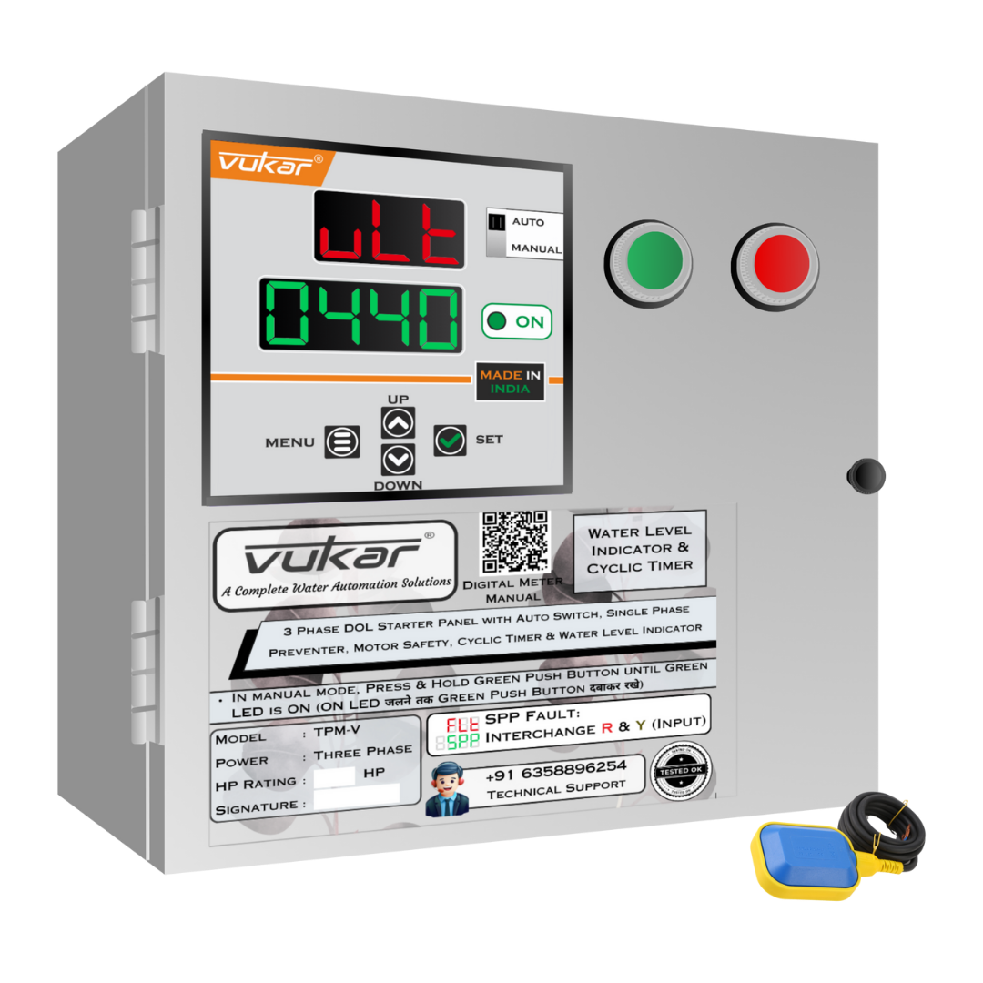 3 Phase DOL Starter Panel with Auto Switch, Single Phase Preventer, Motor Safety, Cyclic Timer & Water Level Indicator (TPM-V)