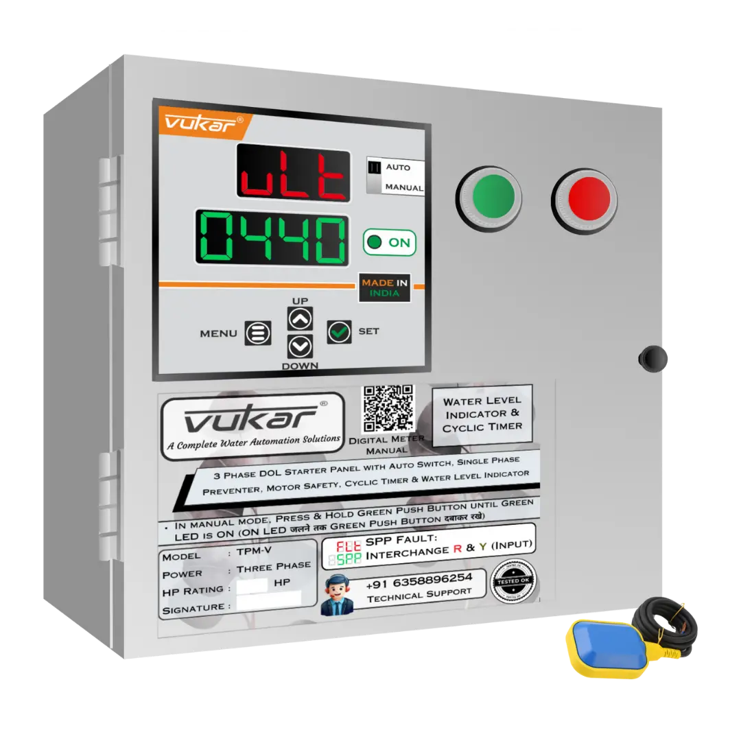 3 Phase DOL Starter Panel with Auto Switch, Single Phase Preventer, Motor Safety, Cyclic Timer & Water Level Indicator (TPM-V) VUKAR