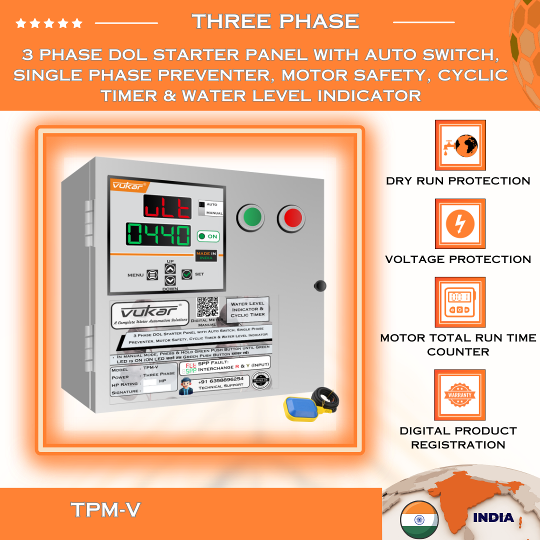3 Phase DOL Starter Panel with Auto Switch, Single Phase Preventer, Motor Safety, Cyclic Timer & Water Level Indicator (TPM-V)