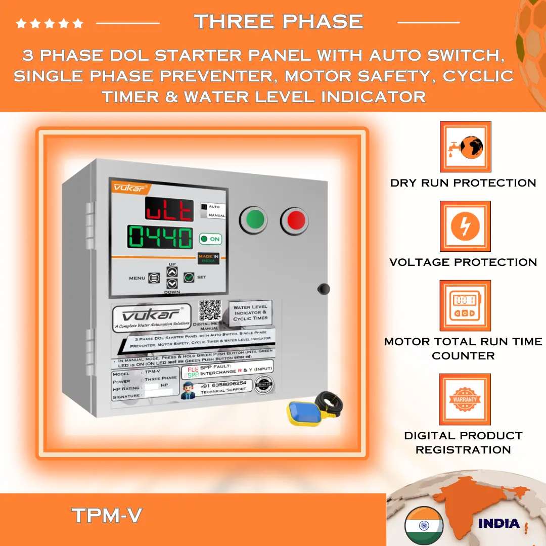 3 Phase DOL Starter Panel with Auto Switch, Single Phase Preventer, Motor Safety, Cyclic Timer & Water Level Indicator (TPM-V) VUKAR
