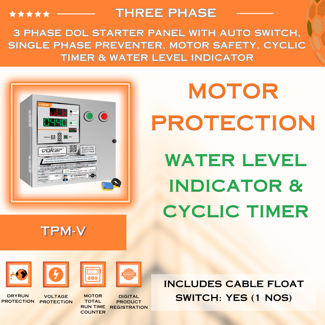 3 Phase DOL Starter Panel with Auto Switch, Single Phase Preventer, Motor Safety, Cyclic Timer & Water Level Indicator (TPM-V)