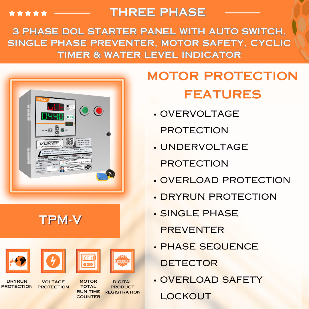 3 Phase DOL Starter Panel with Auto Switch, Single Phase Preventer, Motor Safety, Cyclic Timer & Water Level Indicator (TPM-V)