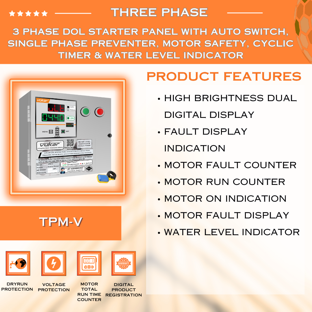 3 Phase DOL Starter Panel with Auto Switch, Single Phase Preventer, Motor Safety, Cyclic Timer & Water Level Indicator (TPM-V)