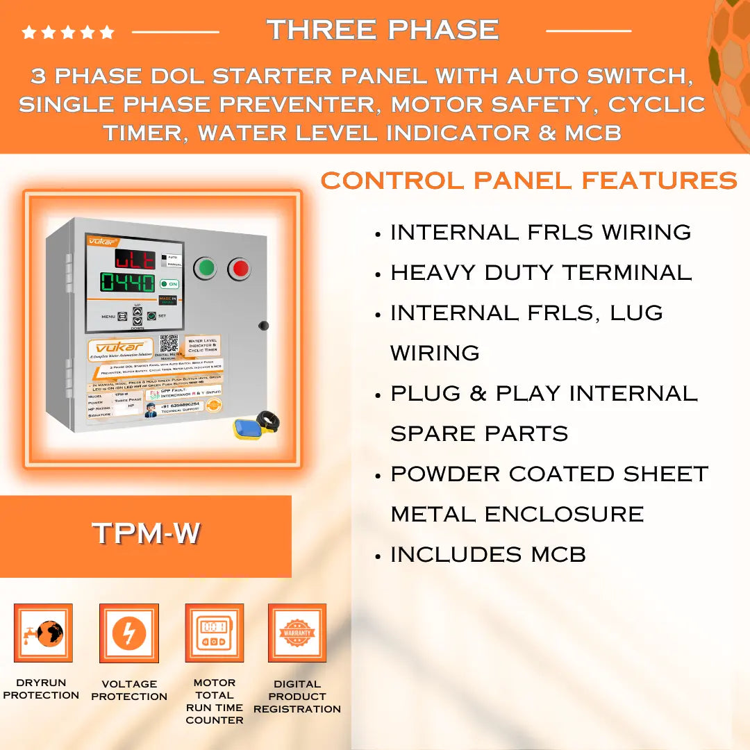 3 Phase DOL Starter Panel with Auto Switch, Single Phase Preventer, Motor Safety, Cyclic Timer, Water Level Indicator & MCB (TPM-W) VUKAR