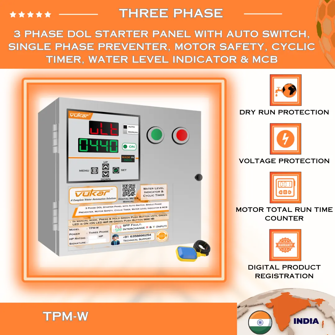3 Phase DOL Starter Panel with Auto Switch, Single Phase Preventer, Motor Safety, Cyclic Timer, Water Level Indicator & MCB (TPM-W) VUKAR