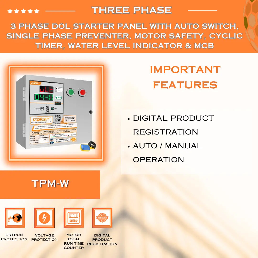 3 Phase DOL Starter Panel with Auto Switch, Single Phase Preventer, Motor Safety, Cyclic Timer, Water Level Indicator & MCB (TPM-W) VUKAR