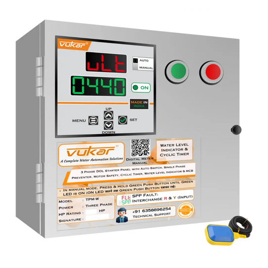 3 Phase DOL Starter Panel with Auto Switch, Single Phase Preventer, Motor Safety, Cyclic Timer, Water Level Indicator & MCB (TPM-W) VUKAR