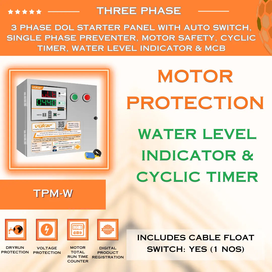 3 Phase DOL Starter Panel with Auto Switch, Single Phase Preventer, Motor Safety, Cyclic Timer, Water Level Indicator & MCB (TPM-W) VUKAR