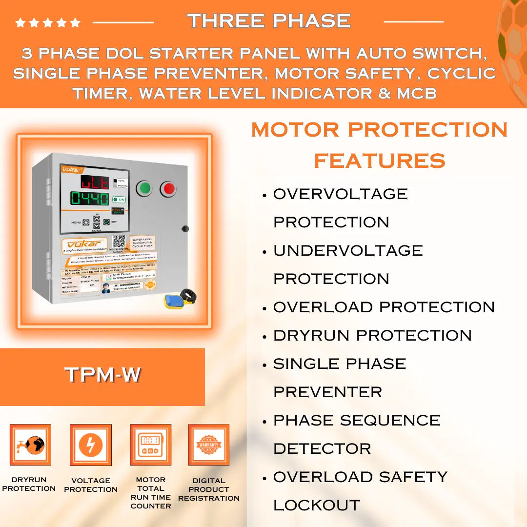 3 Phase DOL Starter Panel with Auto Switch, Single Phase Preventer, Motor Safety, Cyclic Timer, Water Level Indicator & MCB (TPM-W) VUKAR