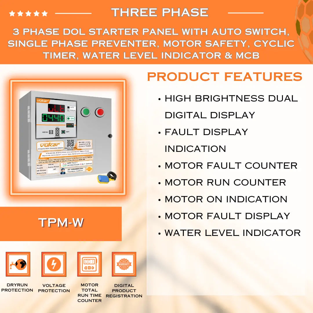 3 Phase DOL Starter Panel with Auto Switch, Single Phase Preventer, Motor Safety, Cyclic Timer, Water Level Indicator & MCB (TPM-W) VUKAR
