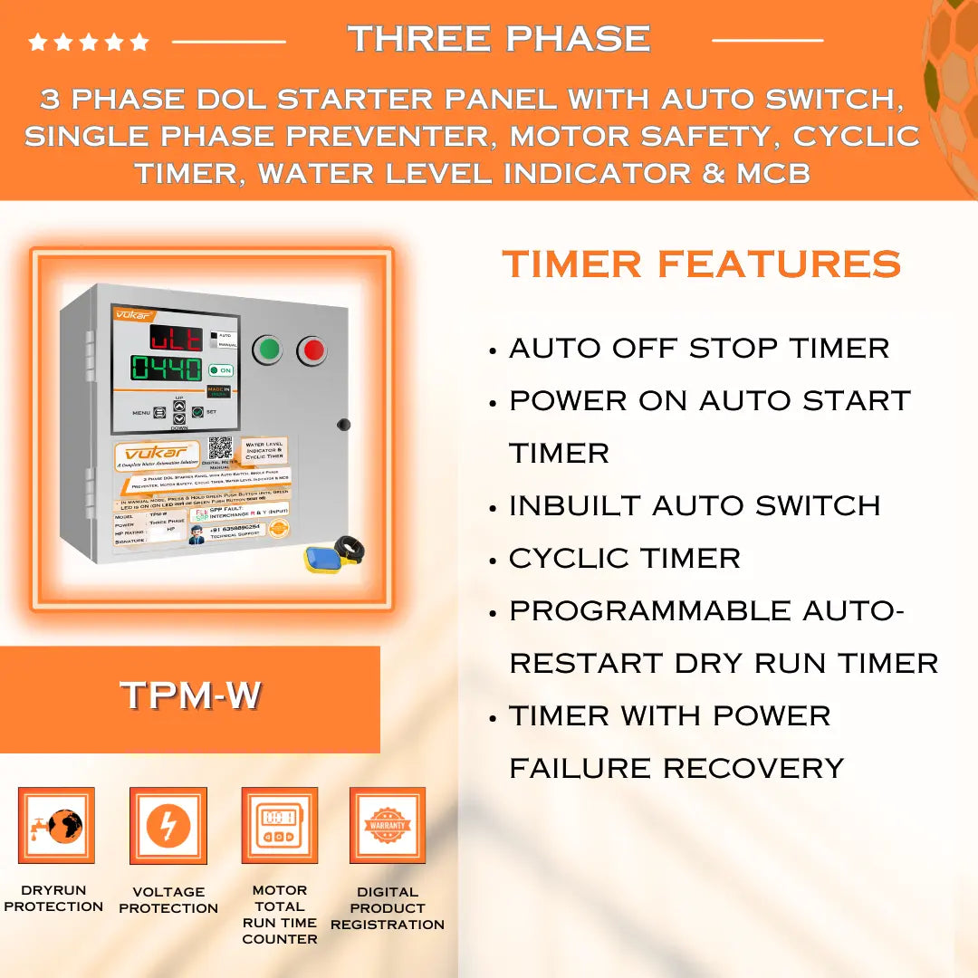 3 Phase DOL Starter Panel with Auto Switch, Single Phase Preventer, Motor Safety, Cyclic Timer, Water Level Indicator & MCB (TPM-W) VUKAR