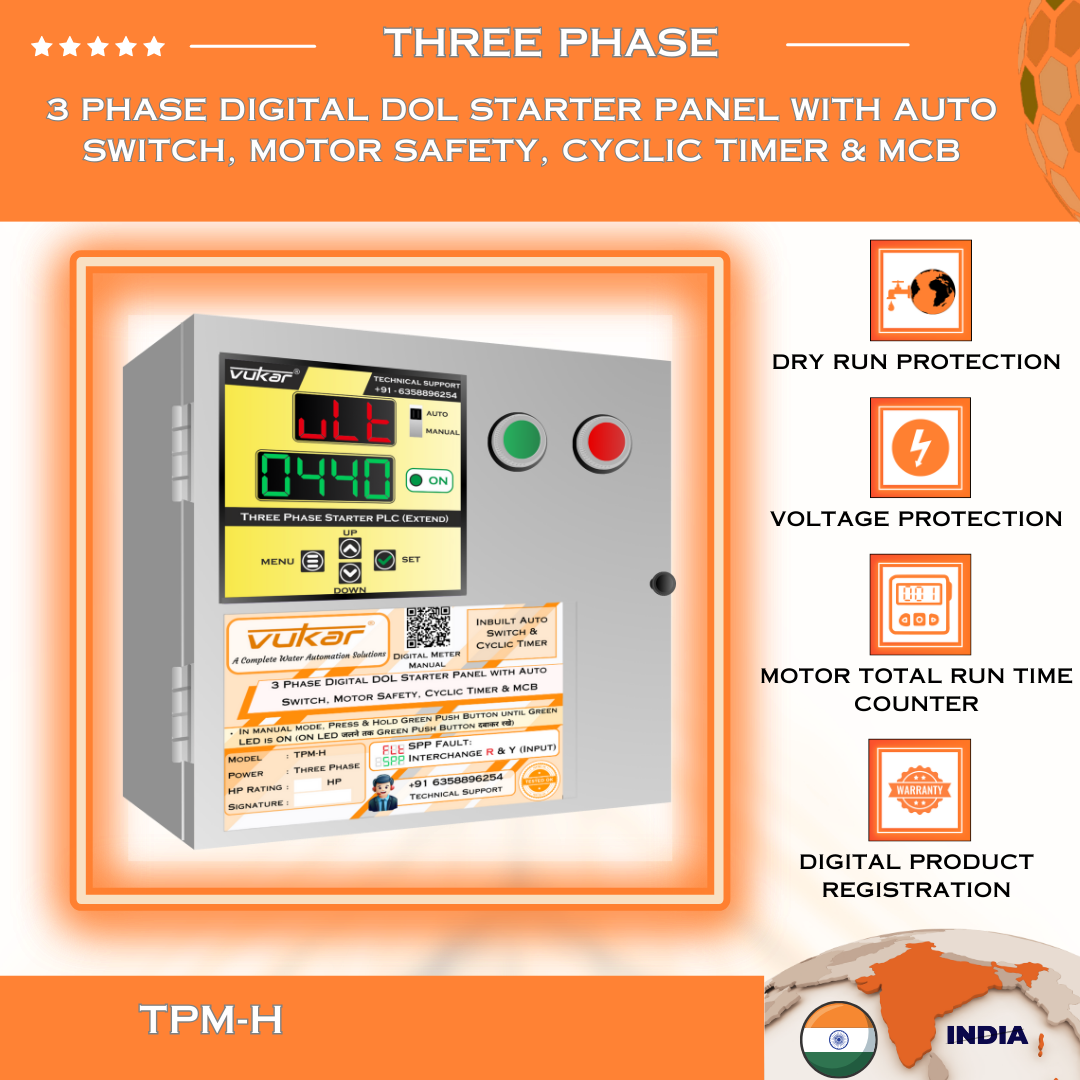3 Phase Digital DOL Starter Panel with Auto Switch, Motor Safety, Cyclic Timer & MCB (TPM-H)