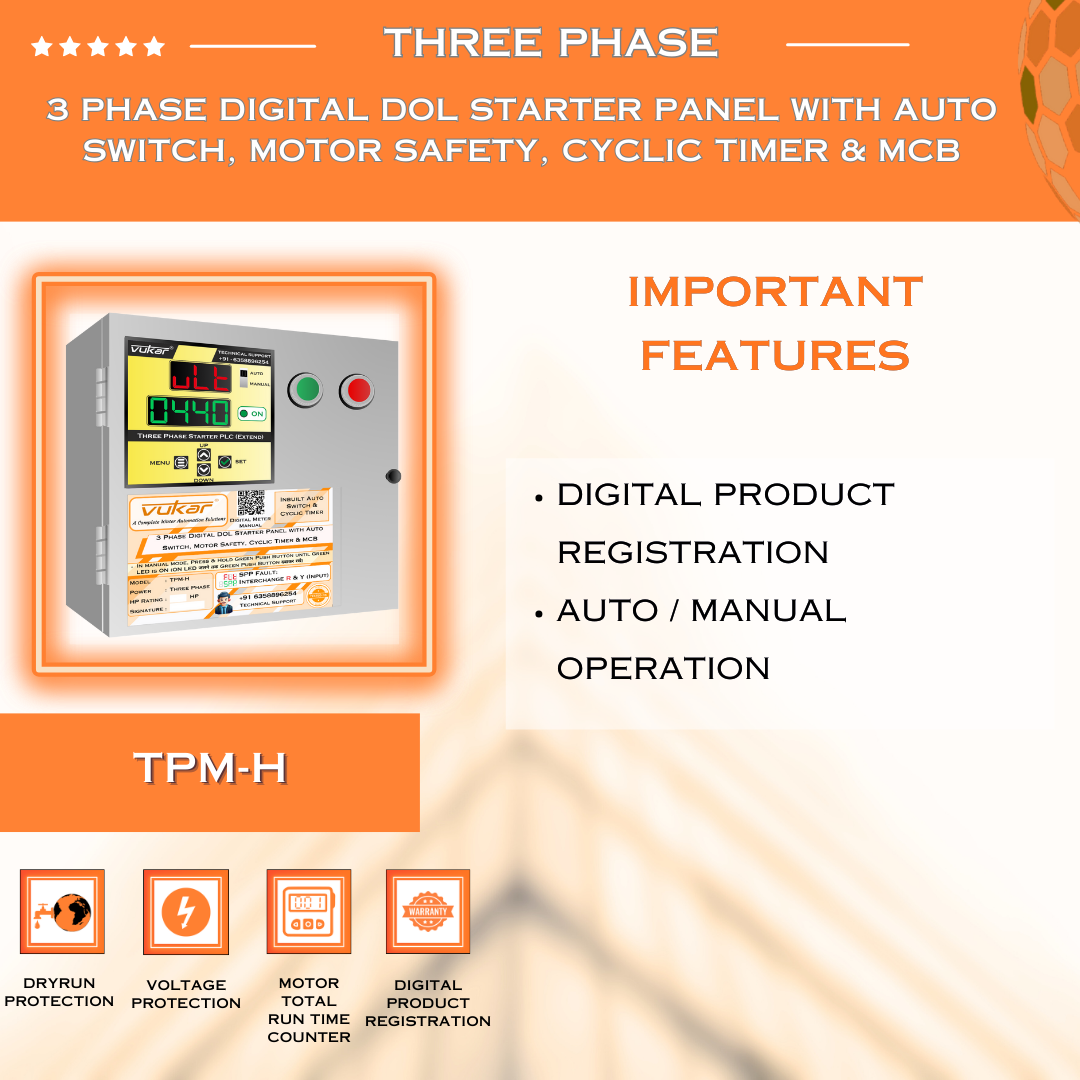 3 Phase Digital DOL Starter Panel with Auto Switch, Motor Safety, Cyclic Timer & MCB (TPM-H)