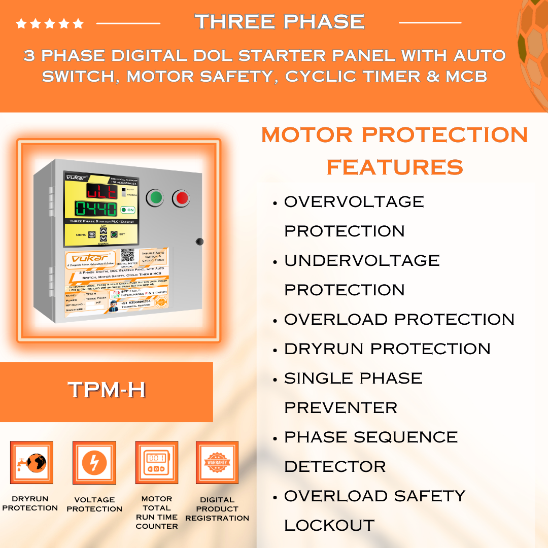 3 Phase Digital DOL Starter Panel with Auto Switch, Motor Safety, Cyclic Timer & MCB (TPM-H)