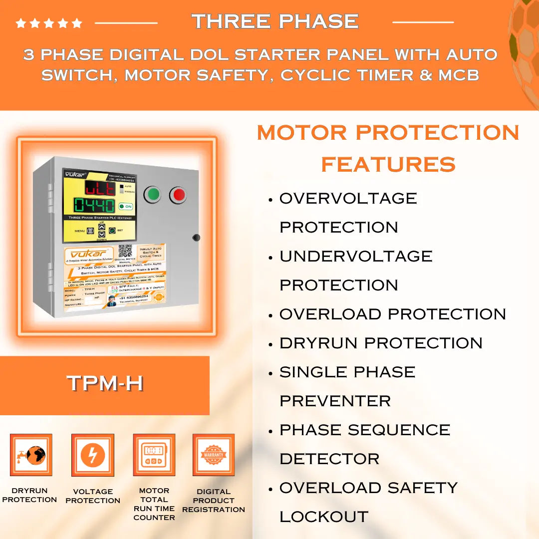 3 Phase Digital DOL Starter Panel with Auto Switch, Motor Safety, Cyclic Timer & MCB (TPM-H) VUKAR