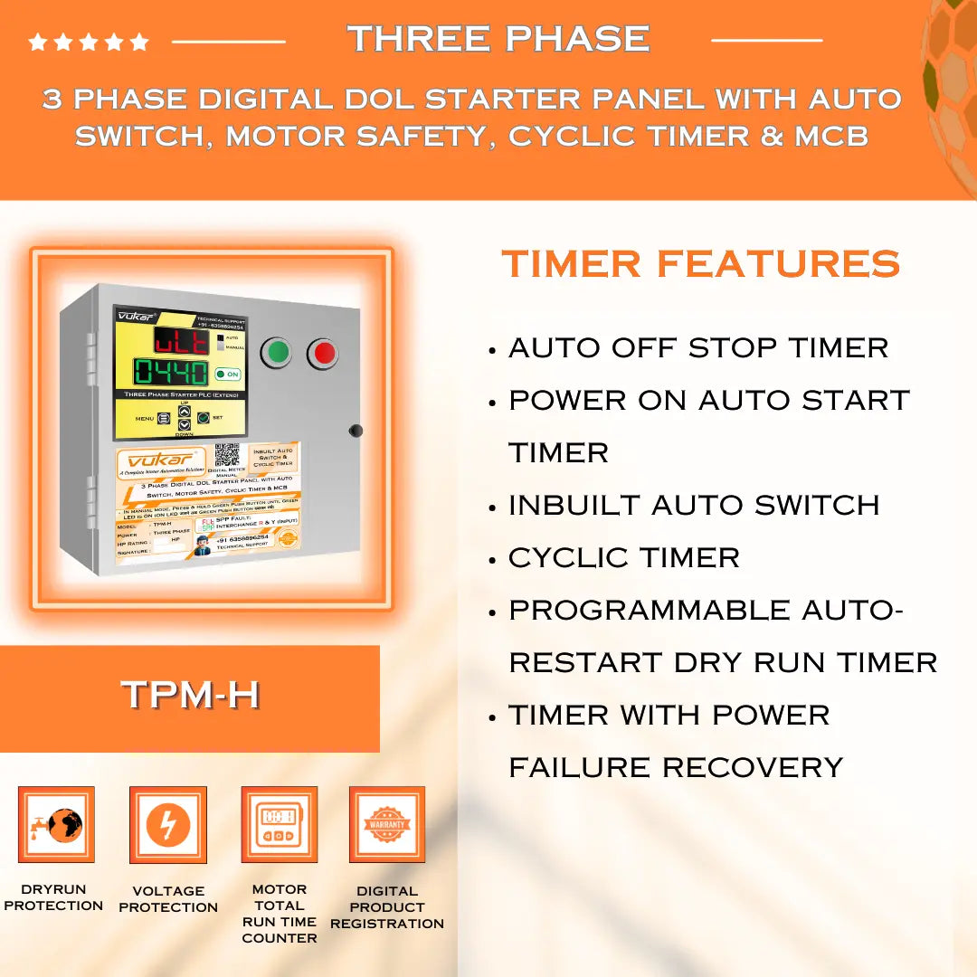 3 Phase Digital DOL Starter Panel with Auto Switch, Motor Safety, Cyclic Timer & MCB (TPM-H) VUKAR