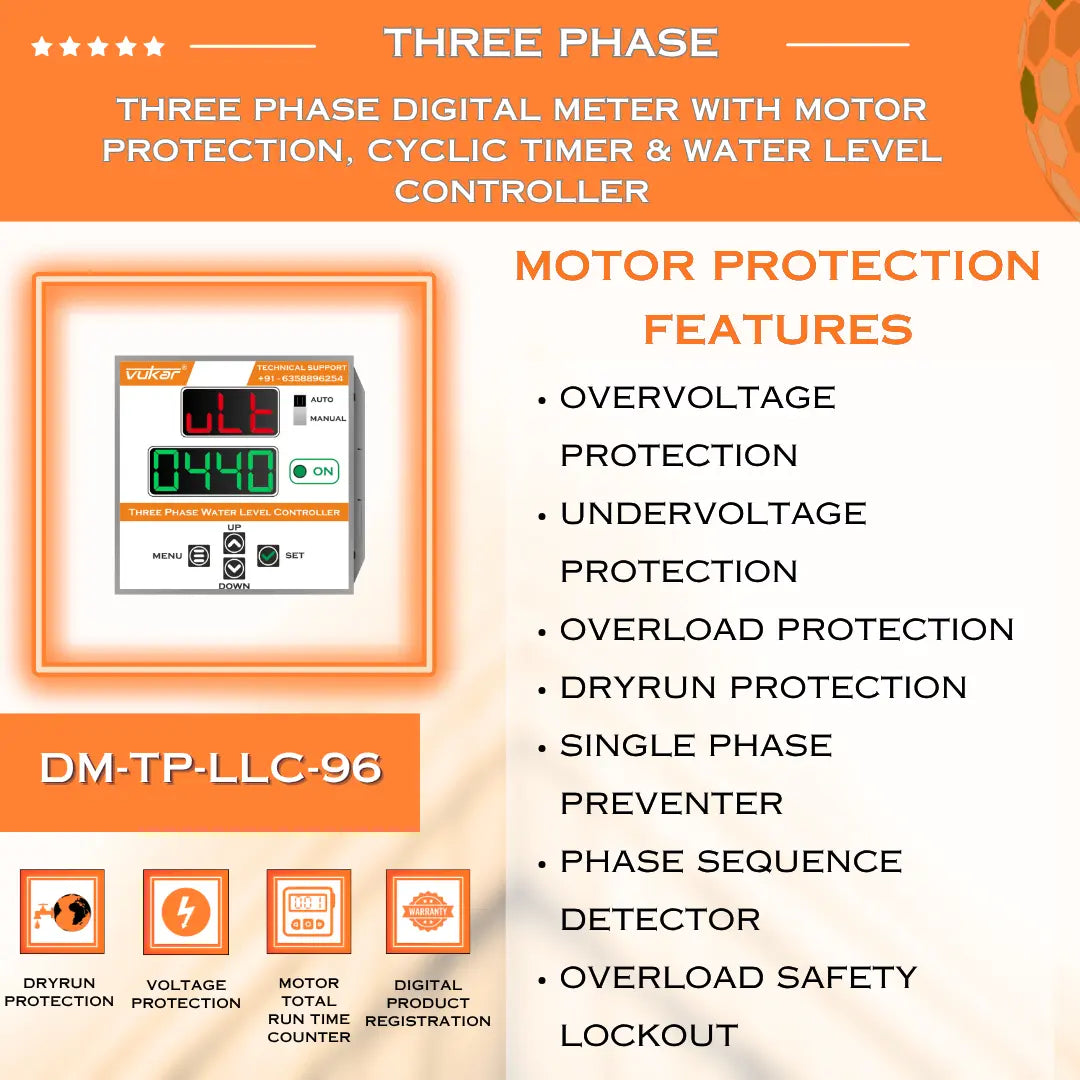 Three Phase Digital Meter with Motor Protection, Cyclic Timer & Water Level Controller (DM-TP-LLC-96) VUKAR