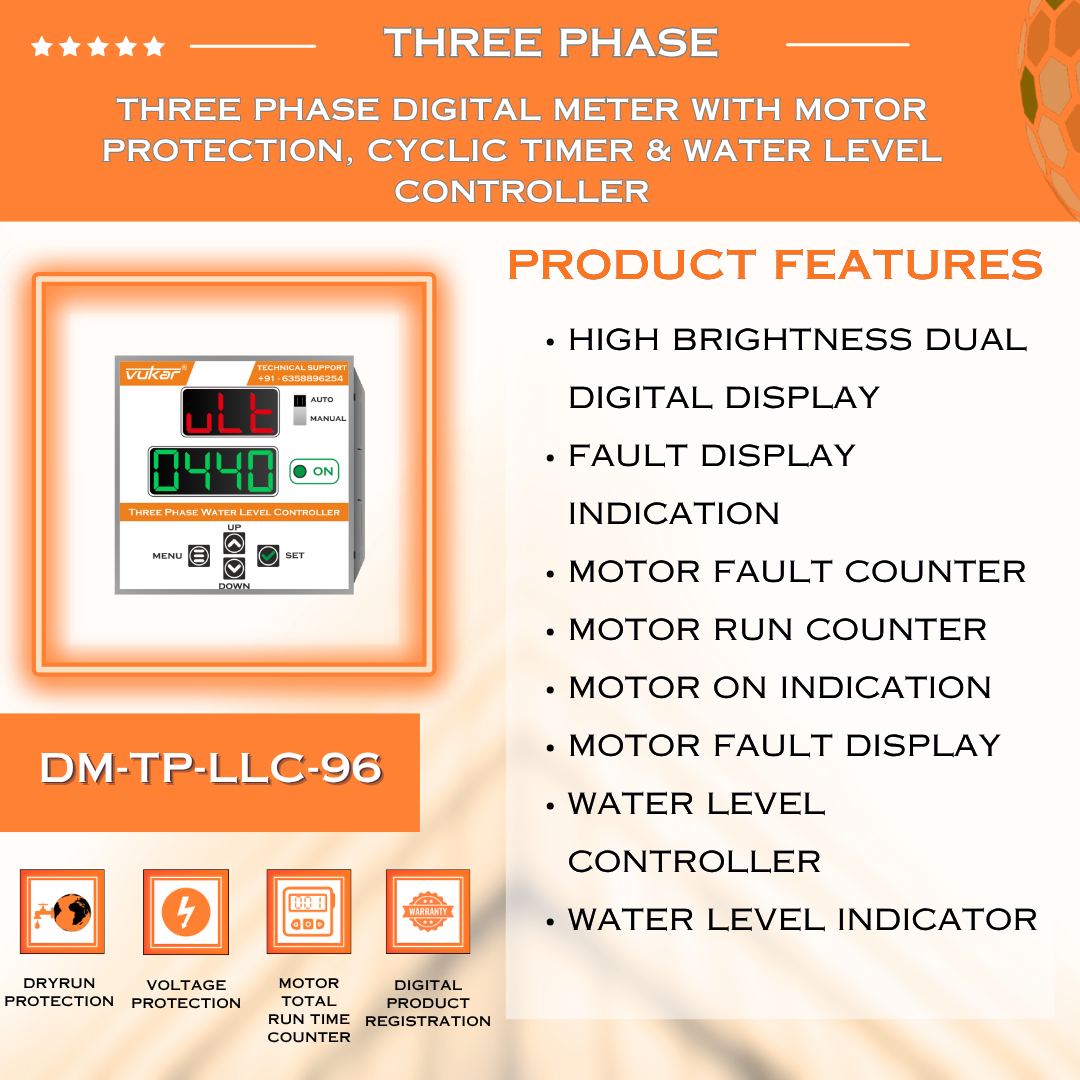 Three Phase Digital Meter with Motor Protection, Cyclic Timer & Water Level Controller (DM-TP-LLC-96)