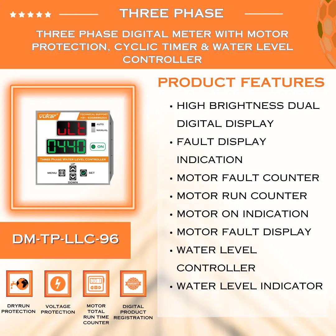 Three Phase Digital Meter with Motor Protection, Cyclic Timer & Water Level Controller (DM-TP-LLC-96) VUKAR