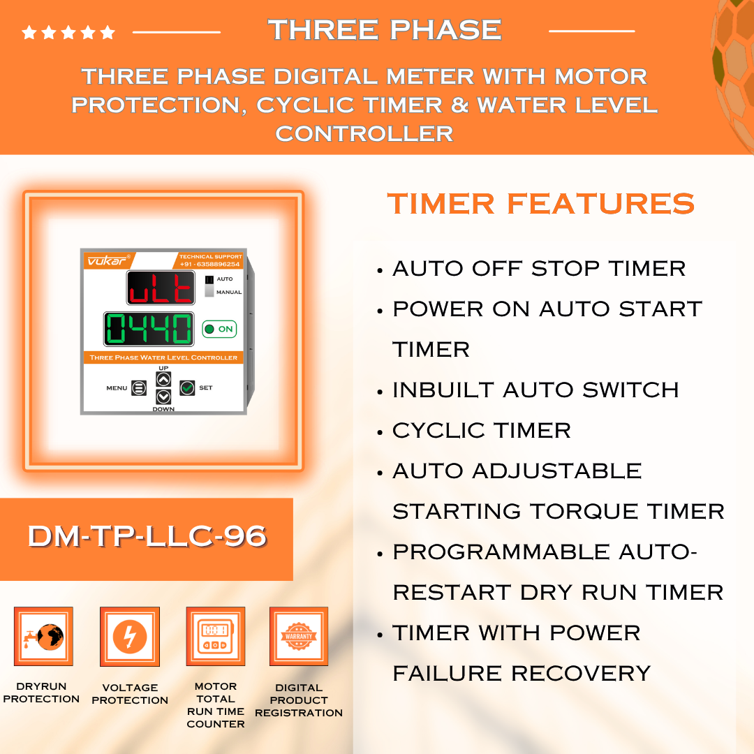 Three Phase Digital Meter with Motor Protection, Cyclic Timer & Water Level Controller (DM-TP-LLC-96)