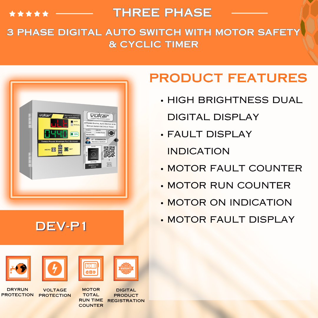 3 Phase Digital Auto Switch with Motor Safety & Cyclic Timer (DEV-P1)
