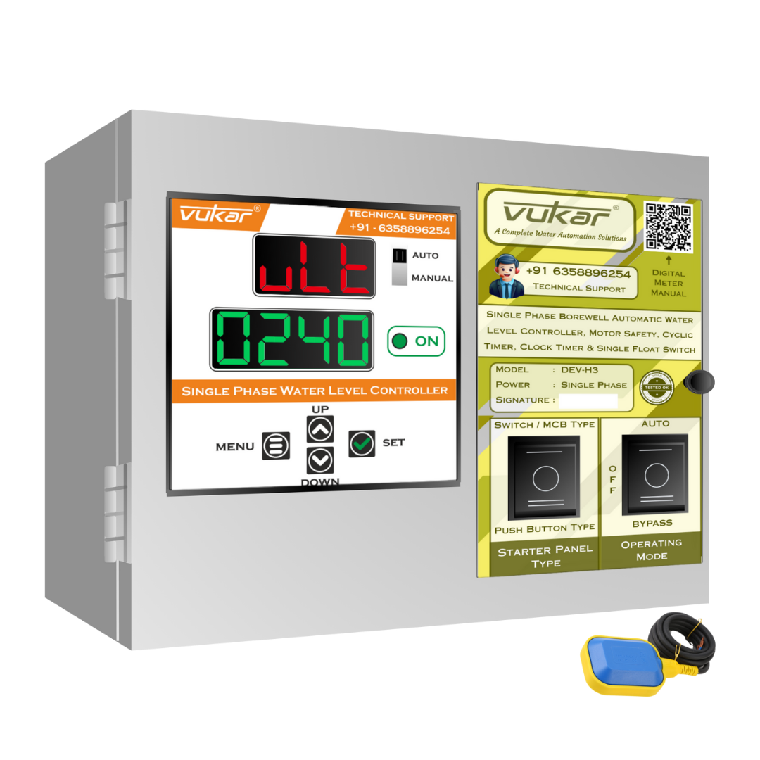 Single Phase Borewell Automatic Water Level Controller, Motor Safety, Cyclic Timer, Clock Timer & Single Float Switch (DEV-H3)