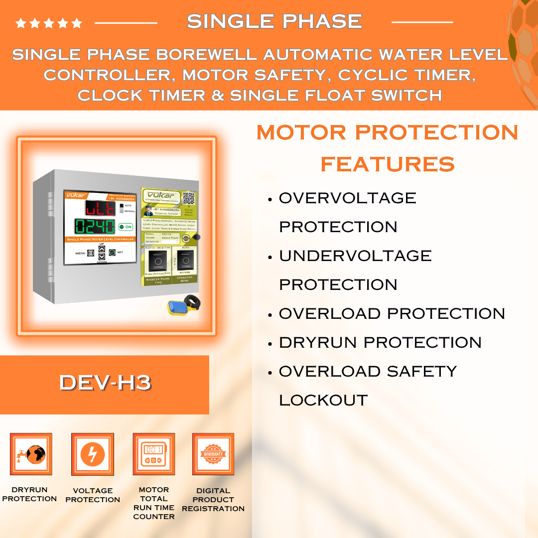 Single Phase Borewell Automatic Water Level Controller, Motor Safety, Cyclic Timer, Clock Timer & Single Float Switch (DEV-H3)