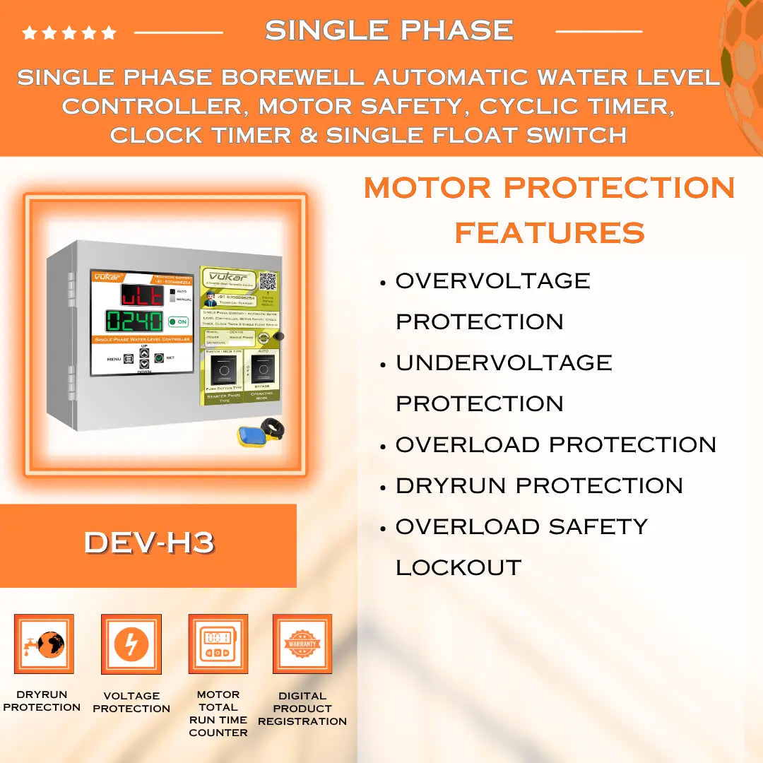 Single Phase Borewell Automatic Water Level Controller, Motor Safety, Cyclic Timer, Clock Timer & Single Float Switch (DEV-H3) VUKAR