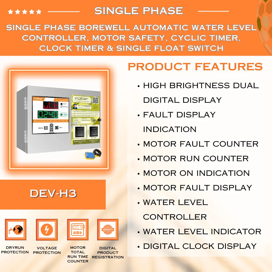 Single Phase Borewell Automatic Water Level Controller, Motor Safety, Cyclic Timer, Clock Timer & Single Float Switch (DEV-H3) VUKAR