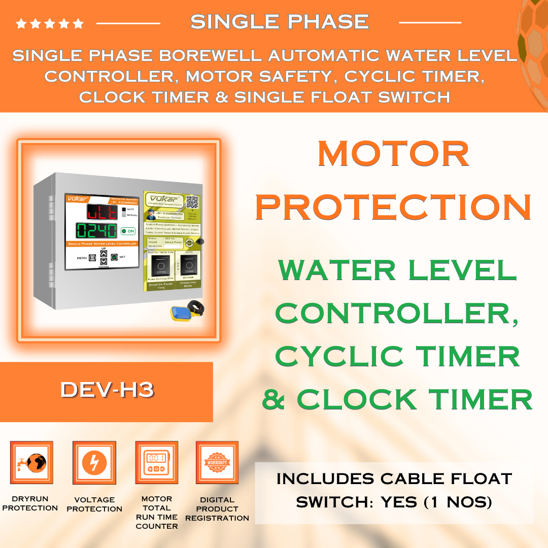 Single Phase Borewell Automatic Water Level Controller, Motor Safety, Cyclic Timer, Clock Timer & Single Float Switch (DEV-H3)