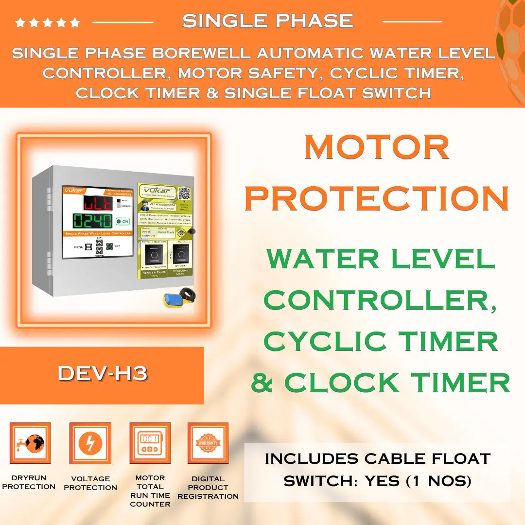 Single Phase Borewell Automatic Water Level Controller, Motor Safety, Cyclic Timer, Clock Timer & Single Float Switch (DEV-H3) VUKAR