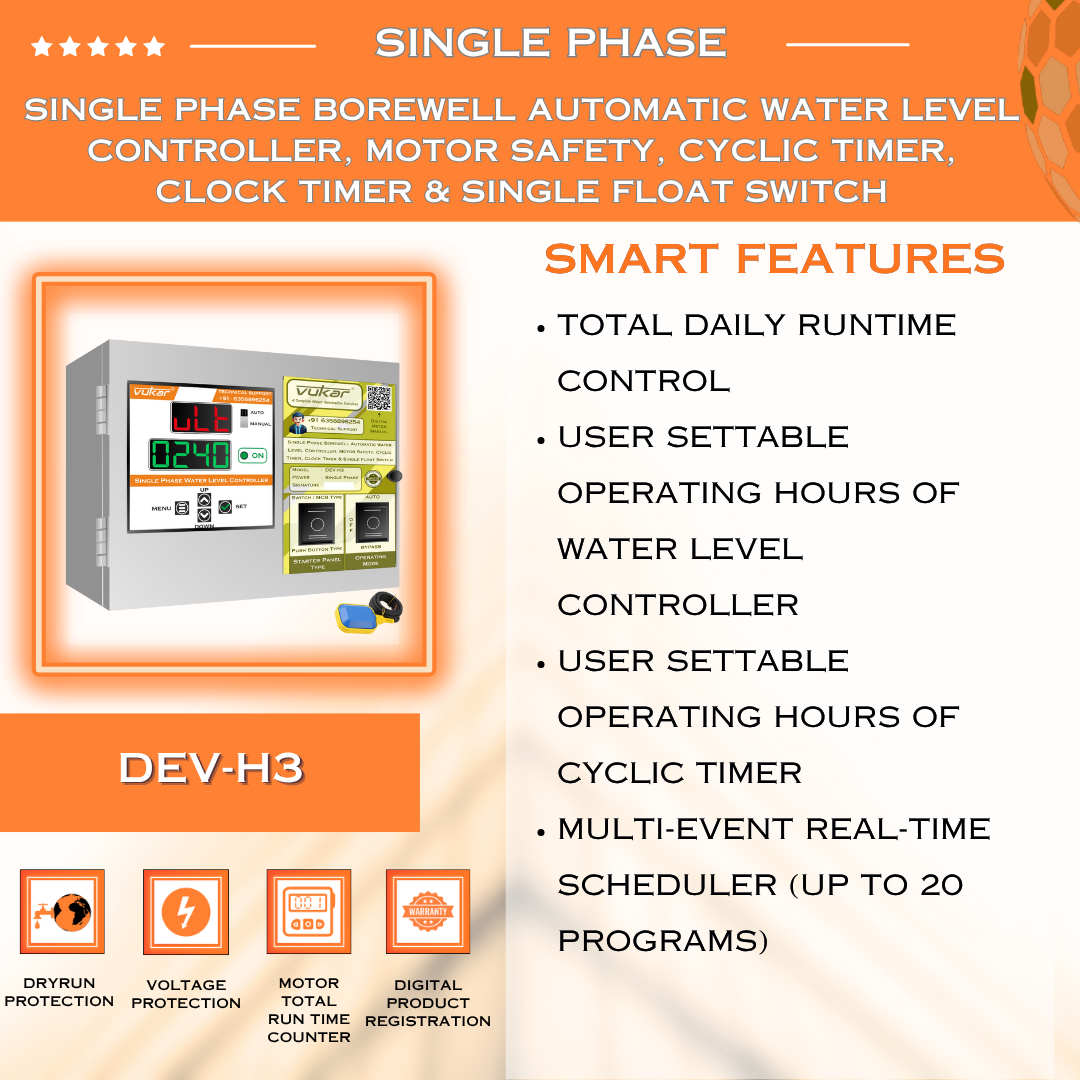 Single Phase Borewell Automatic Water Level Controller, Motor Safety, Cyclic Timer, Clock Timer & Single Float Switch (DEV-H3)