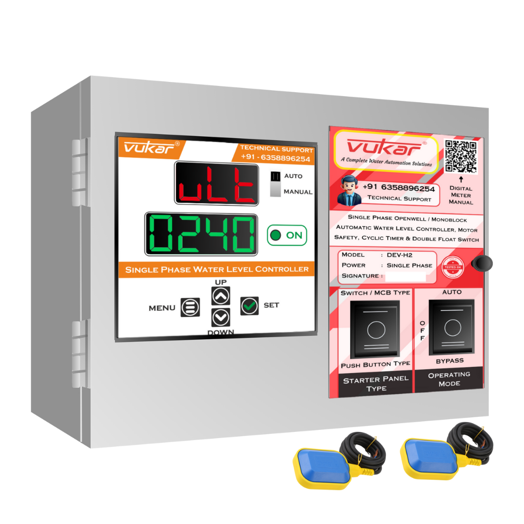 Single Phase Openwell / Monoblock Automatic Water Level Controller, Motor Safety, Cyclic Timer & Double Float Switch (DEV-H2)